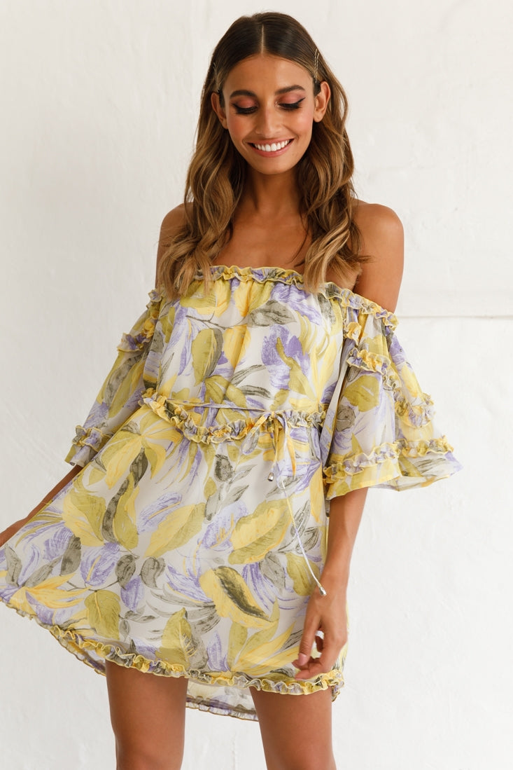 Adriel Off-Shoulder Frill Detail Dress Leaf Print White/Yellow by Selfie Leslie