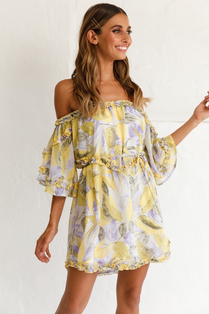 Adriel Off-Shoulder Frill Detail Dress Leaf Print White/Yellow by Selfie Leslie