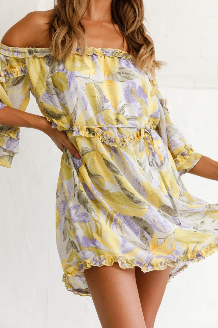 Adriel Off-Shoulder Frill Detail Dress Leaf Print White/Yellow by Selfie Leslie