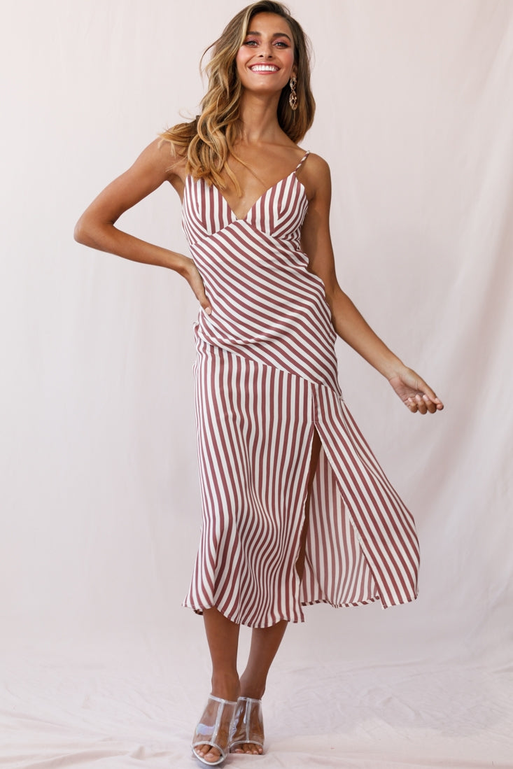 Downtown Cami Strap Front Split Midi Dress Stripe Print Rose by Selfie Leslie