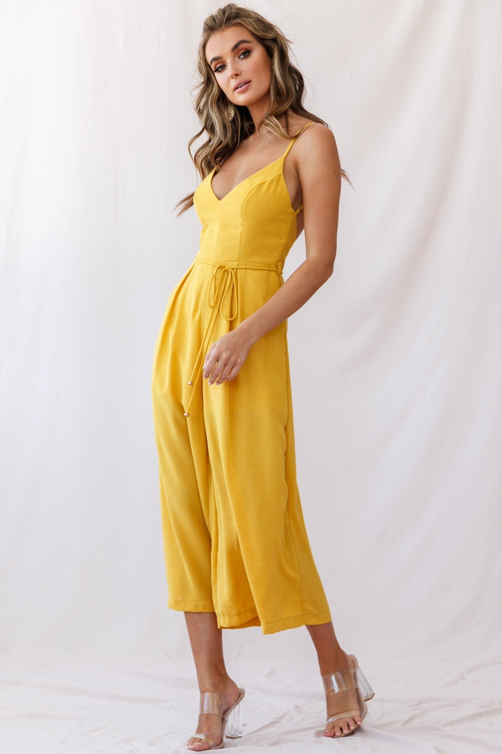 Brighton Low Back Wide Leg Jumpsuit Mustard by Selfie Leslie