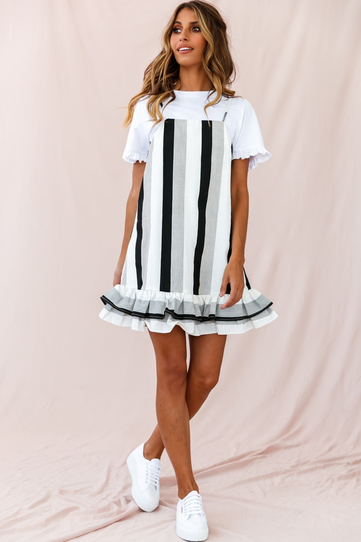 Daley Double-Frill Hem Shift Dress Stripe Print Black by Selfie Leslie