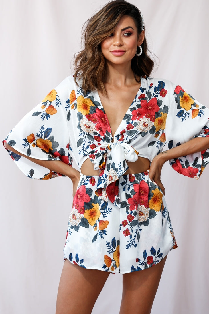 Rivera Tie-Knot Bell Sleeve Romper White by Selfie Leslie