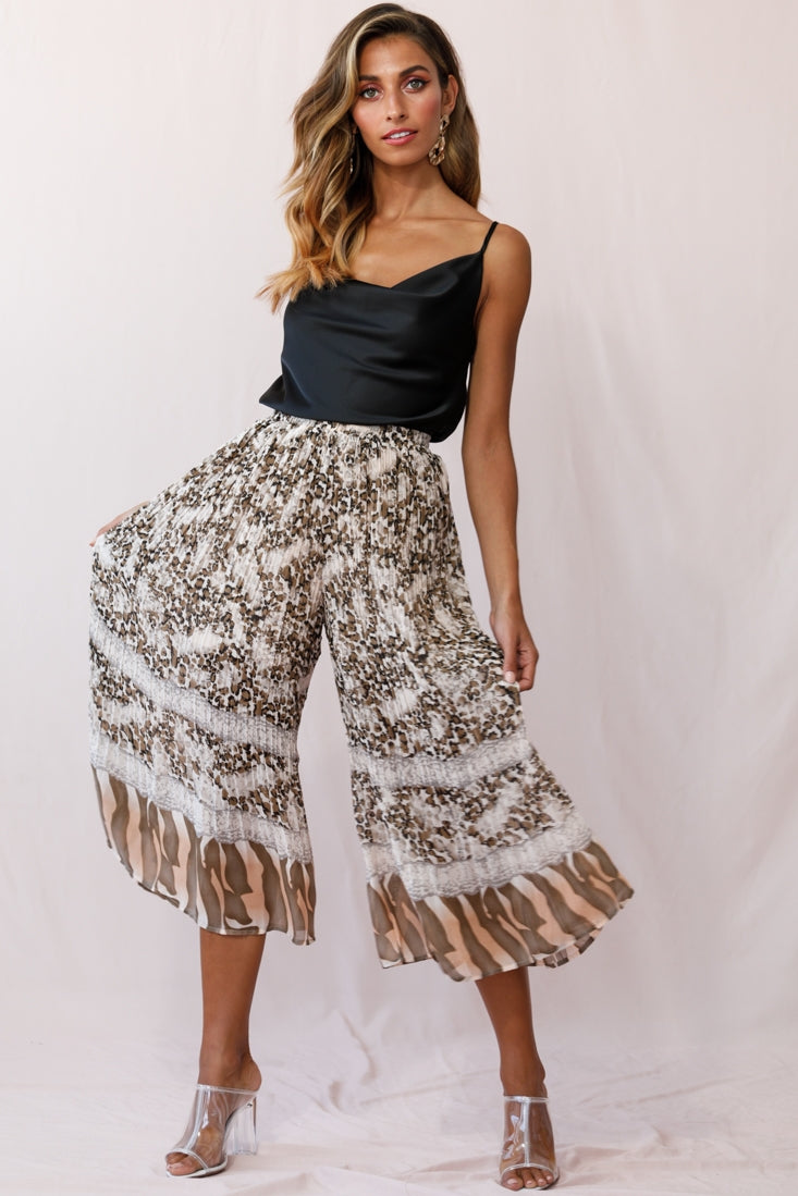 Gemini Accordion Pleat Wide Leg Pants Brown Leopard by Selfie Leslie