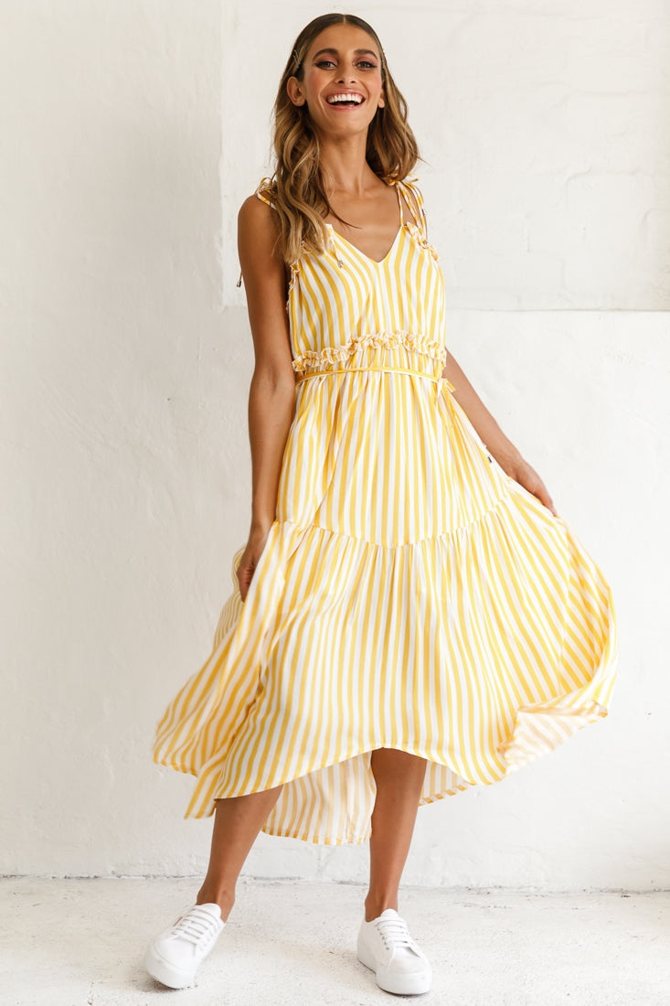 Santa Monica String Tie Maxi Dress Stripe Print Mustard by Selfie Leslie