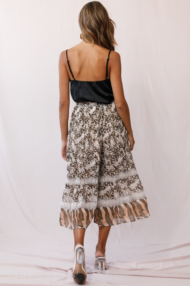 Gemini Accordion Pleat Wide Leg Pants Brown Leopard by Selfie Leslie