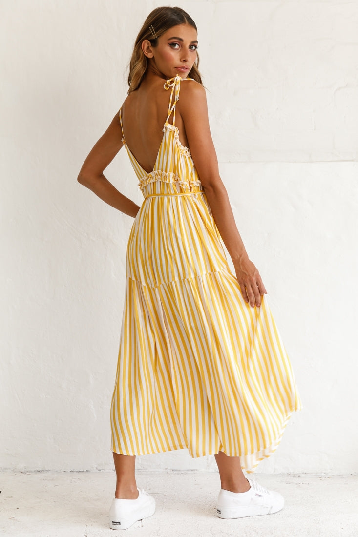 Santa Monica String Tie Maxi Dress Stripe Print Mustard by Selfie Leslie