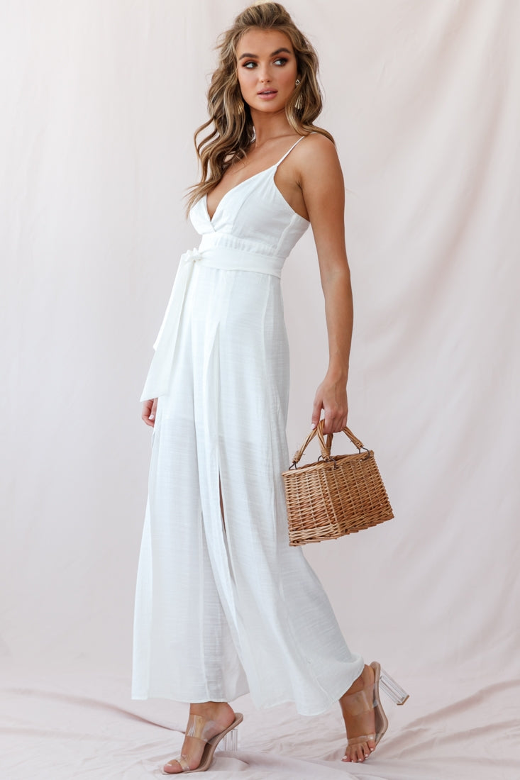 Taylor V-Neck Split Wide Leg Jumpsuit White by Selfie Leslie