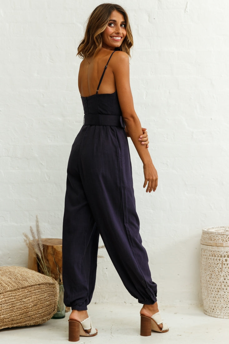 Santa Barbara Cuffed Hem Belted Jumpsuit Navy by Selfie Leslie