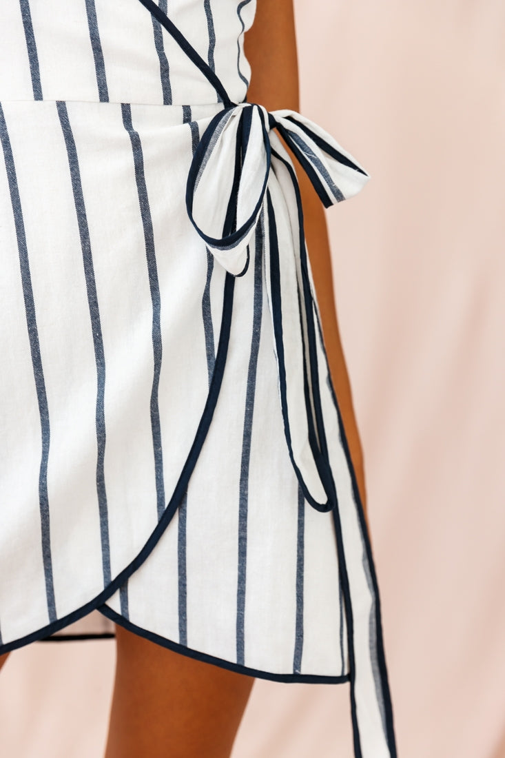 Wimbeldon True Wrap Dress Stripe Print White/Navy by Selfie Leslie