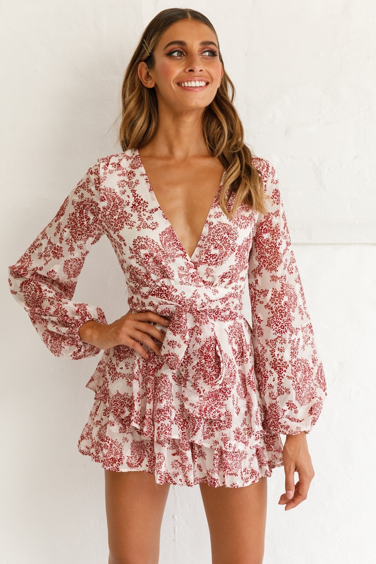 Maddox Fit & Flare Long Sleeve Romper White Floral Print by Selfie Leslie