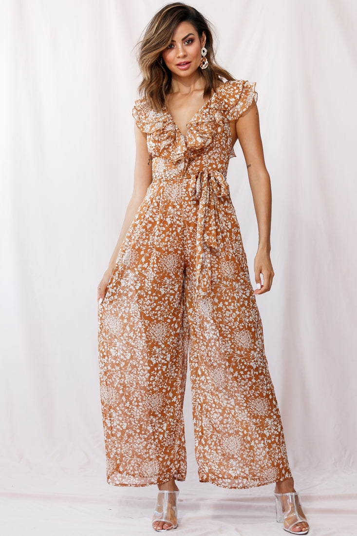 Marcia Ruffle Strap Wide Leg Jumpsuit Tan by Selfie Leslie