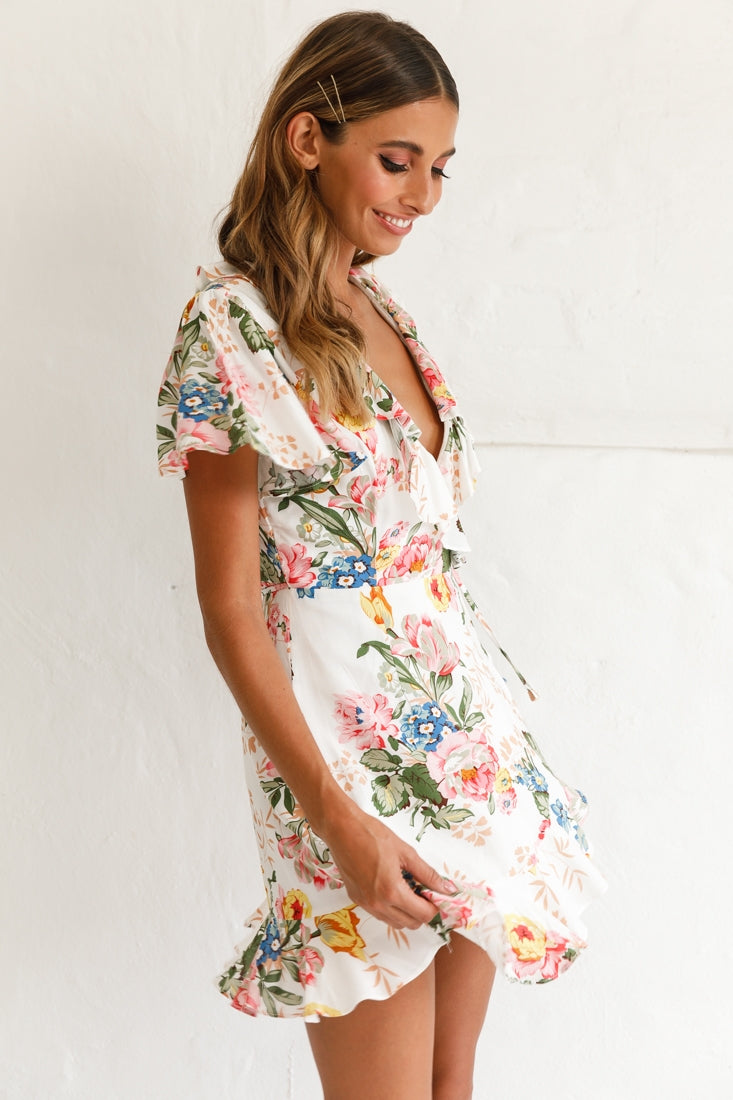 Love Story Angel Sleeve Wrap Dress Floral Print White by Selfie Leslie