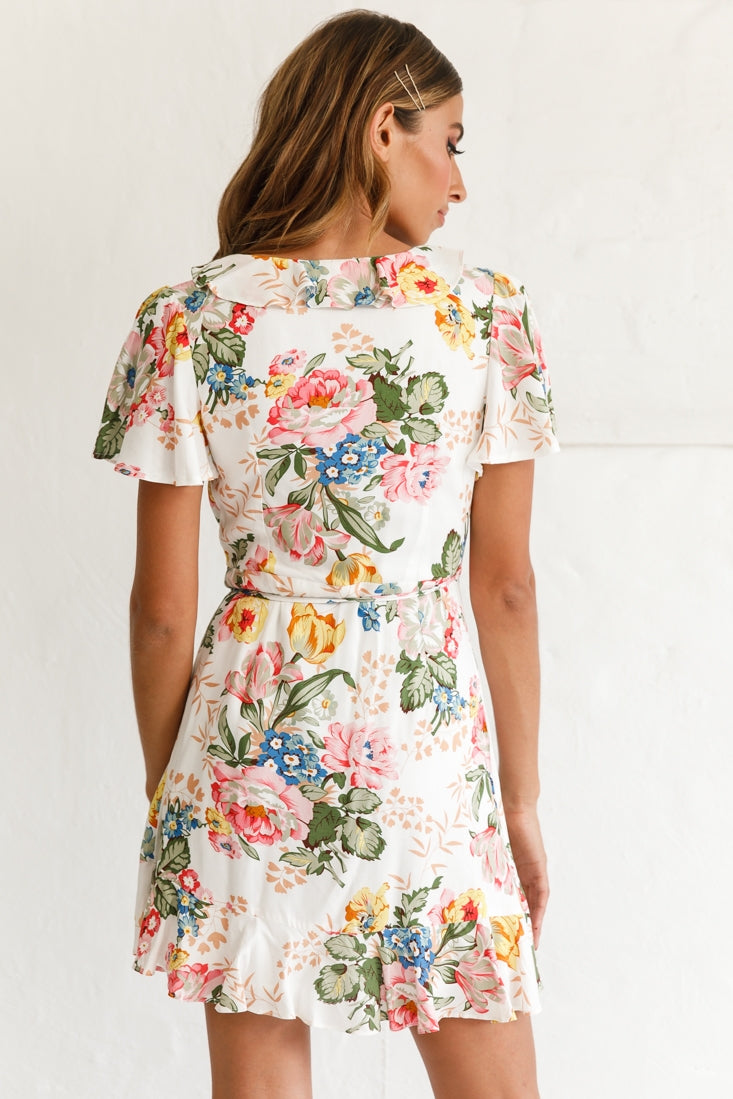 Love Story Angel Sleeve Wrap Dress Floral Print White by Selfie Leslie