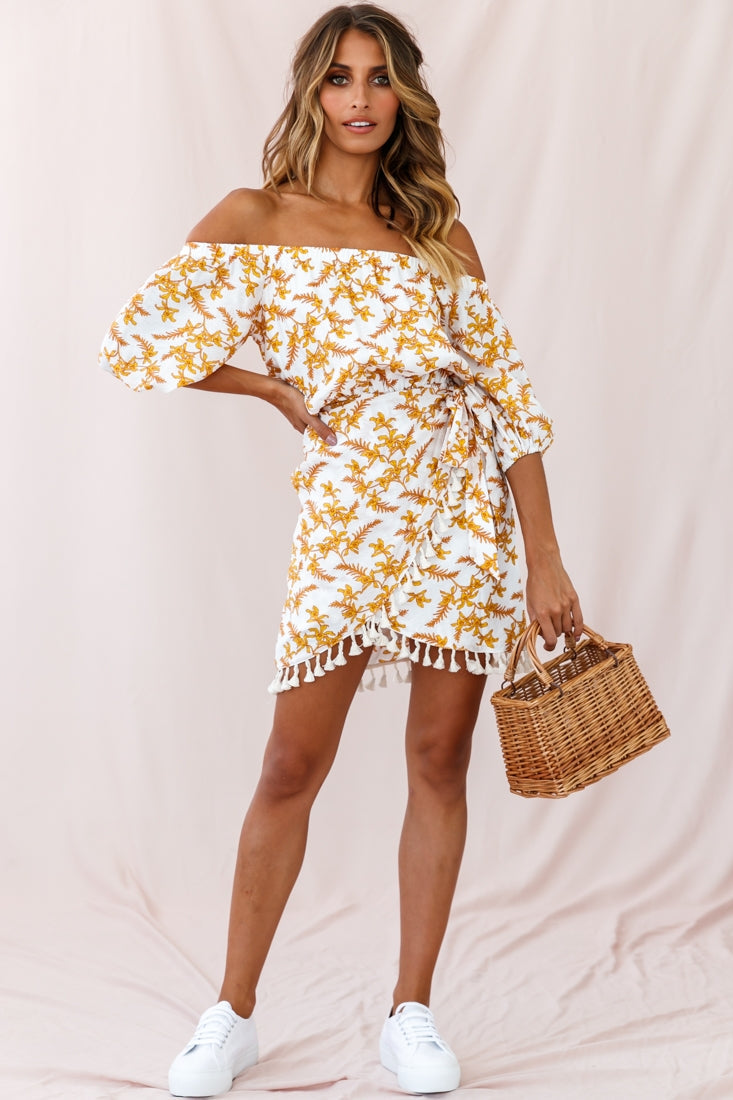 Cayman Tassel Trim Wrap Dress White/Yellow by Selfie Leslie