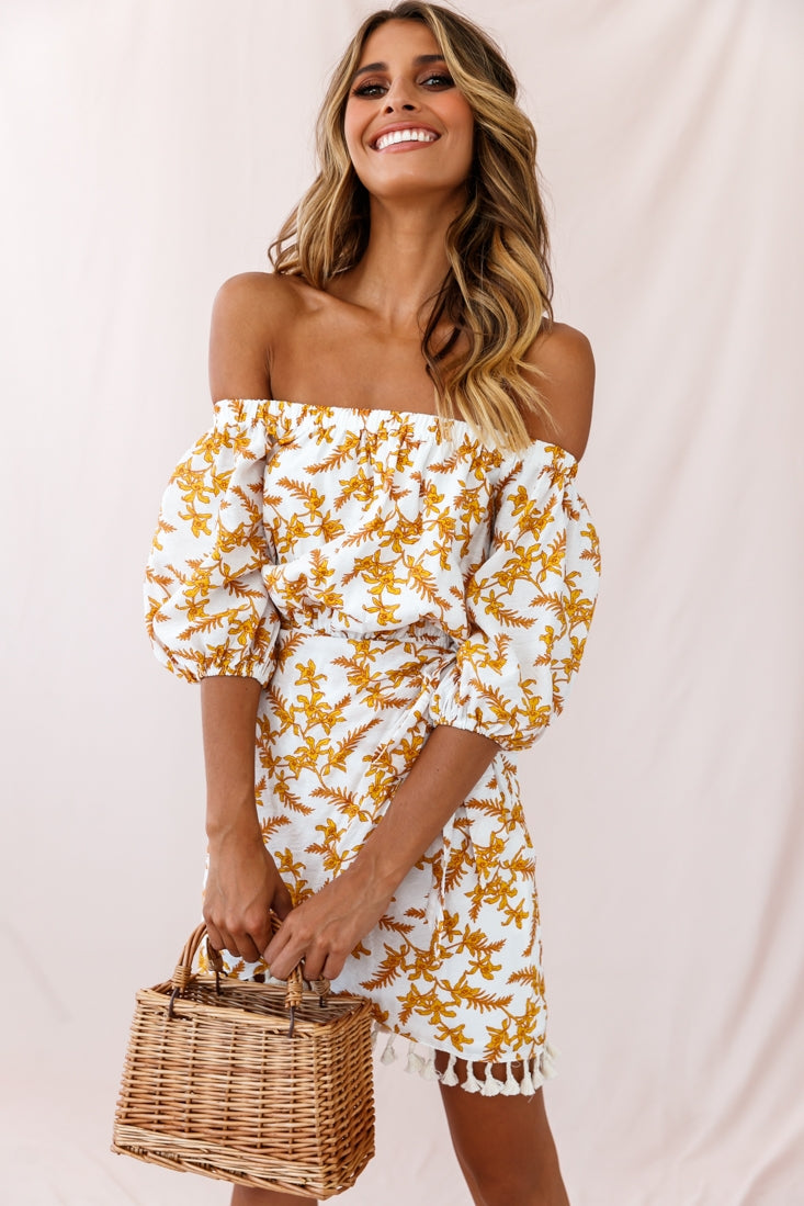 Cayman Tassel Trim Wrap Dress White/Yellow by Selfie Leslie
