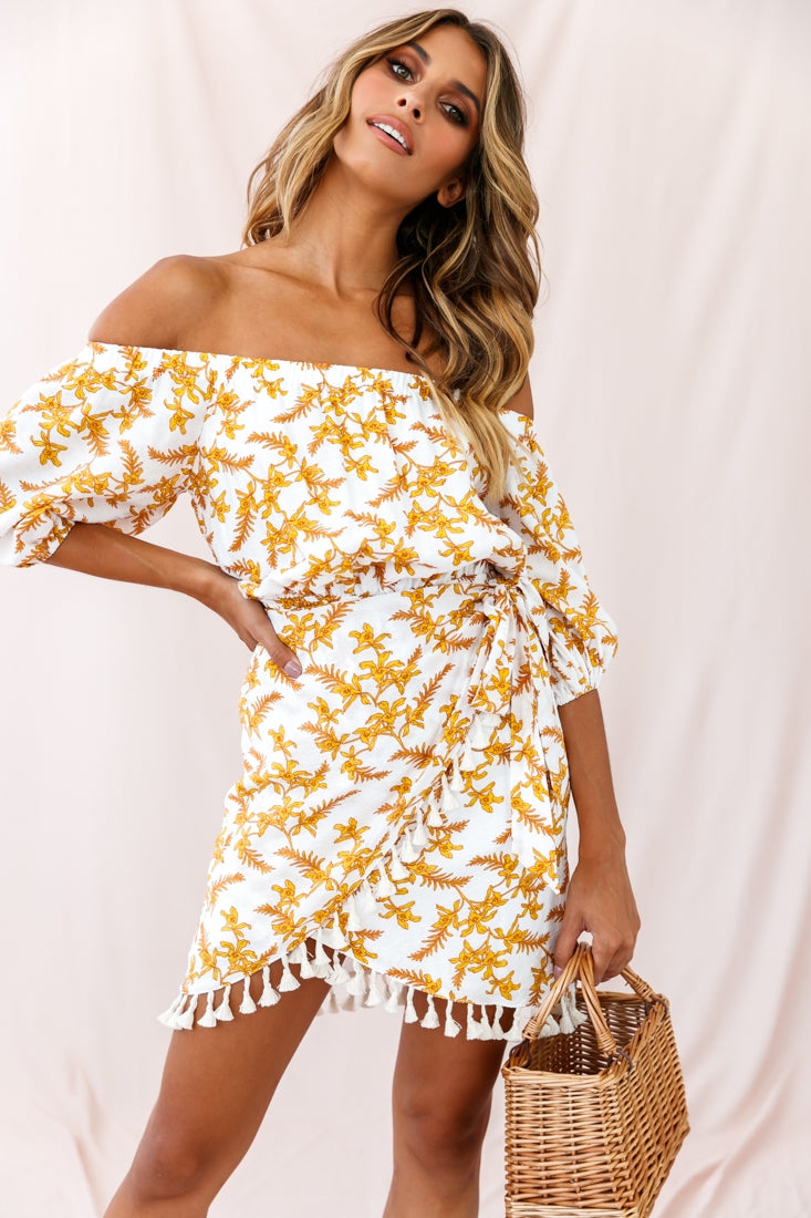 Cayman Tassel Trim Wrap Dress White/Yellow by Selfie Leslie