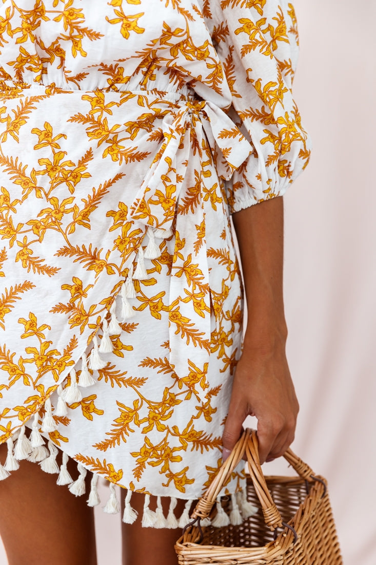 Cayman Tassel Trim Wrap Dress White/Yellow by Selfie Leslie