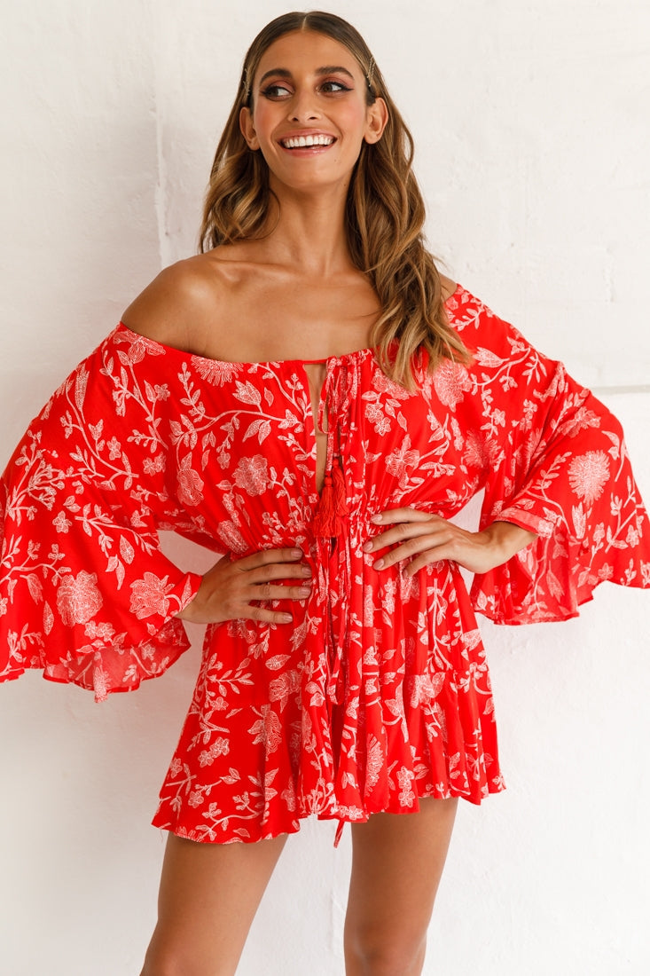 Fiona Drawstring Floral Romper Red by Selfie Leslie