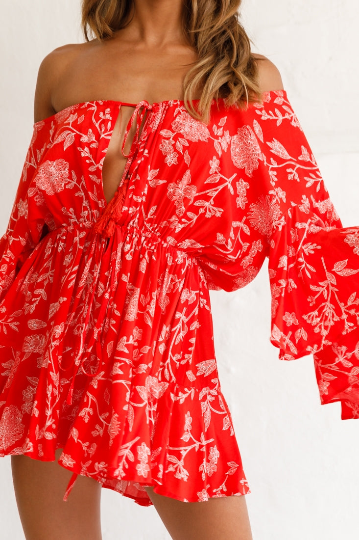 Fiona Drawstring Floral Romper Red by Selfie Leslie