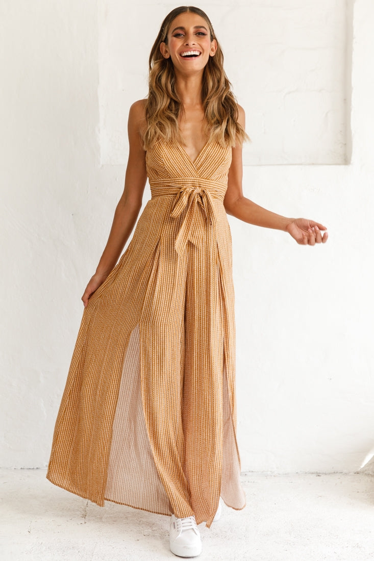 Taylor V-Neck Split Wide Leg Jumpsuit Stripe Print Mustard by Selfie Leslie