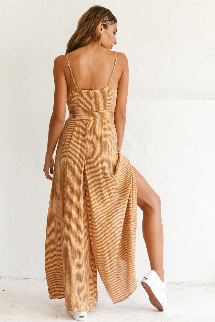 Taylor V-Neck Split Wide Leg Jumpsuit Stripe Print Mustard by Selfie Leslie