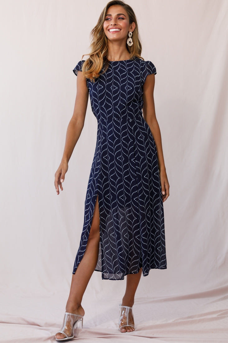Becky Cap Sleeve Crew Neck Midi Dress Dot Print Navy by Selfie Leslie