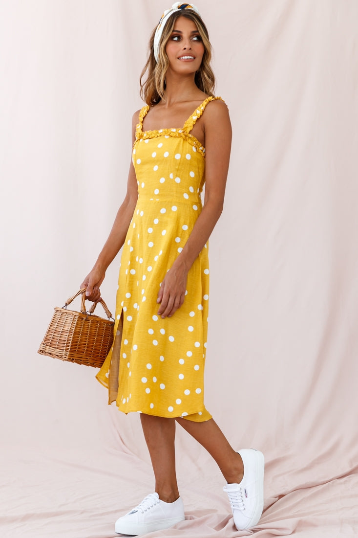 Magdalene Frill Strap A-Line Midi Dress Yellow Mustard by Selfie Leslie