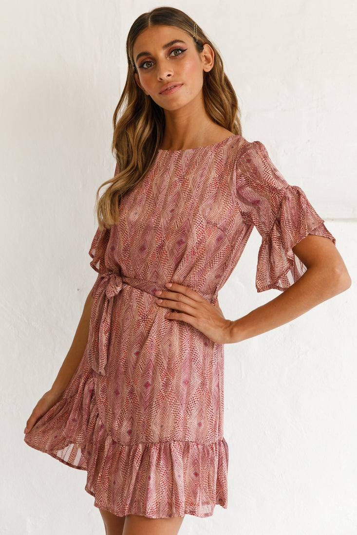 Azealia Ruffle Hem Dress Diamond Print Wine by Selfie Leslie