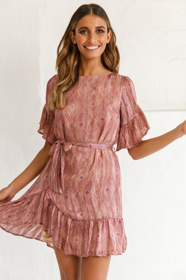 Azealia Ruffle Hem Dress Diamond Print Wine by Selfie Leslie