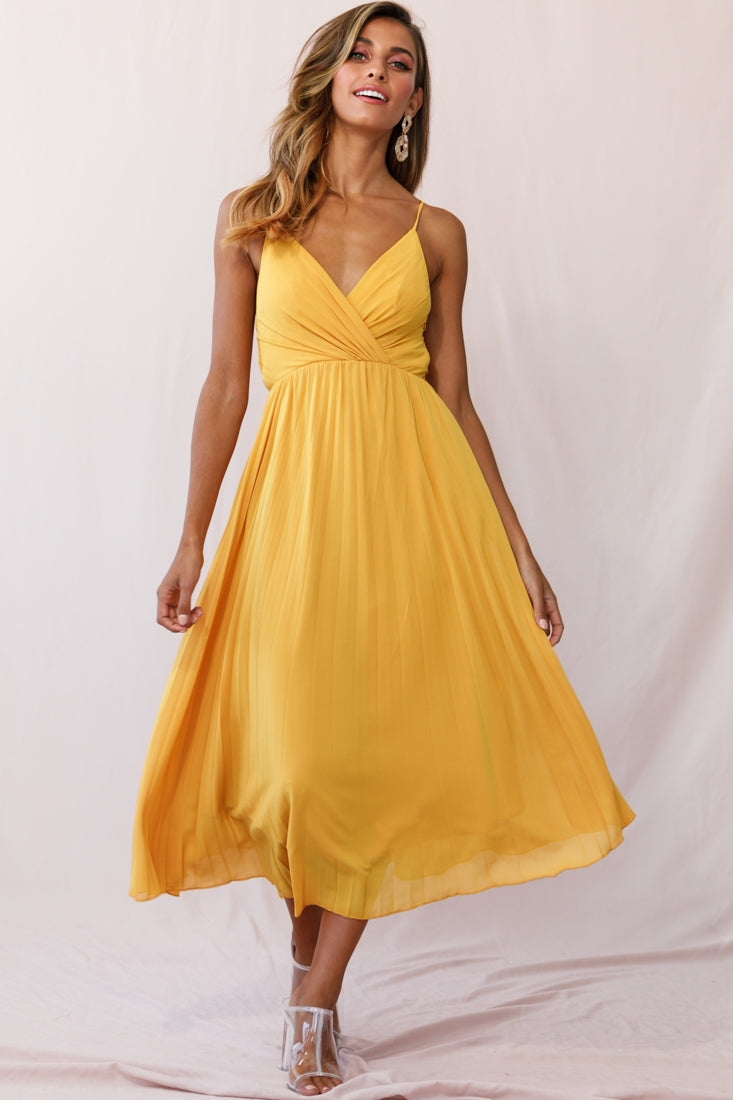 Artemis Accordion Pleat Strappy Back Midi Dress Mustard by Selfie Leslie