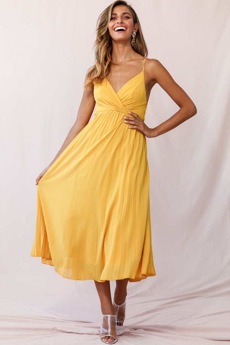 Artemis Accordion Pleat Strappy Back Midi Dress Mustard by Selfie Leslie