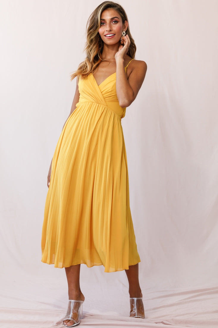 Artemis Accordion Pleat Strappy Back Midi Dress Mustard by Selfie Leslie