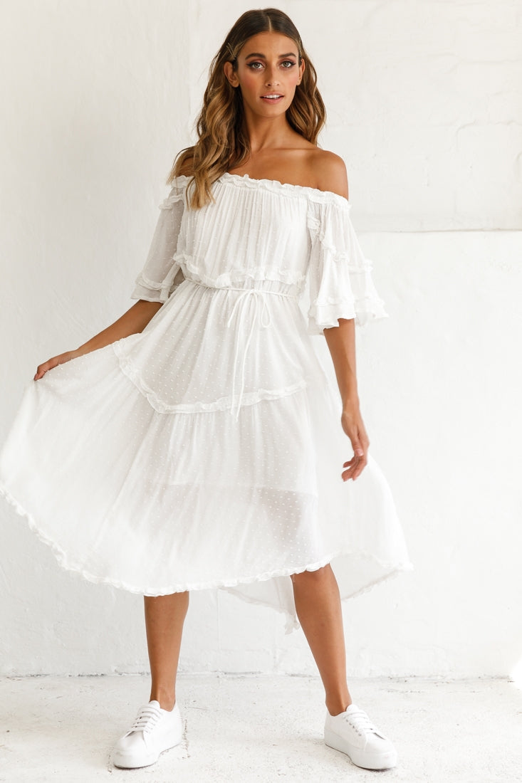 Renoir Off-Shoulder Frill Trim Midi Dress White by Selfie Leslie