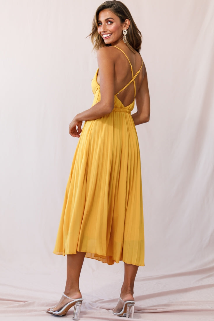 Artemis Accordion Pleat Strappy Back Midi Dress Mustard by Selfie Leslie