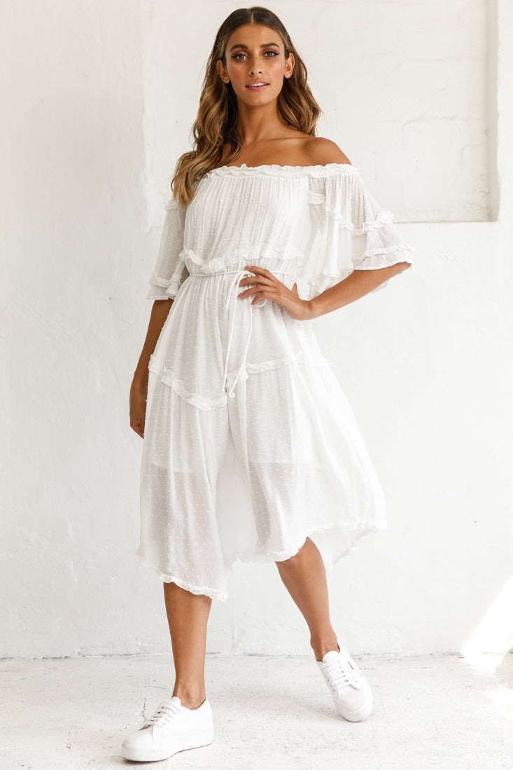 Renoir Off-Shoulder Frill Trim Midi Dress White by Selfie Leslie
