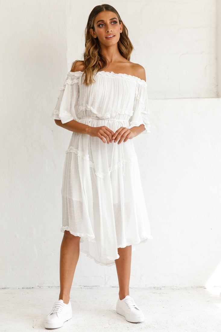 Renoir Off-Shoulder Frill Trim Midi Dress White by Selfie Leslie