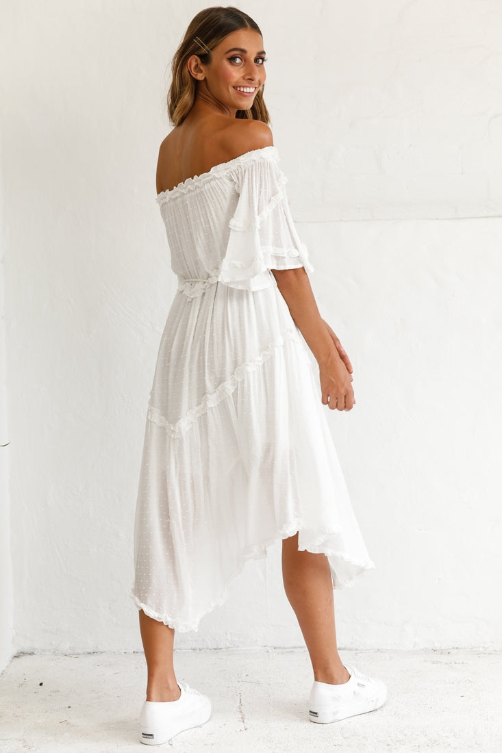 Renoir Off-Shoulder Frill Trim Midi Dress White by Selfie Leslie