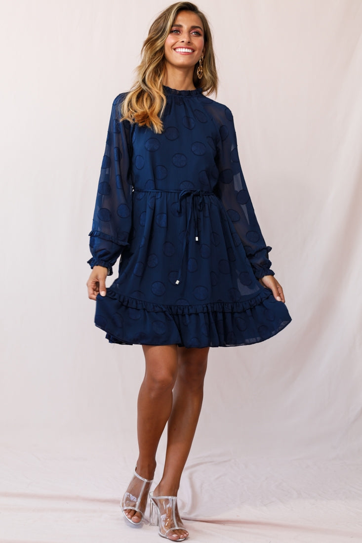 Tracee High Neckline Sheer Sleeve Polka Dot Dress Navy by Selfie Leslie