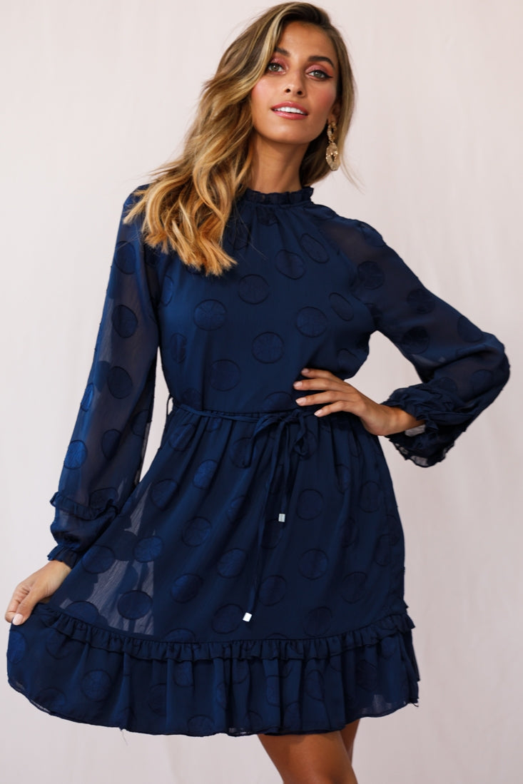 Tracee High Neckline Sheer Sleeve Polka Dot Dress Navy by Selfie Leslie