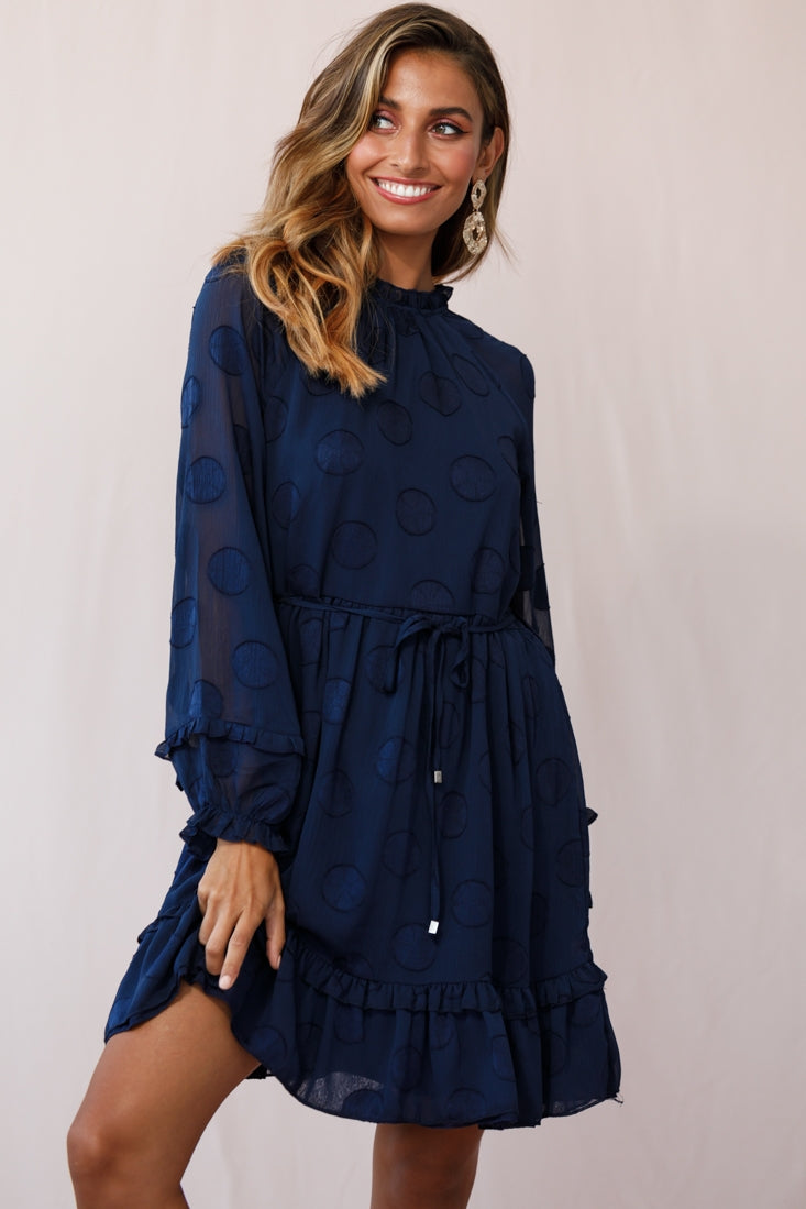 Tracee High Neckline Sheer Sleeve Polka Dot Dress Navy by Selfie Leslie