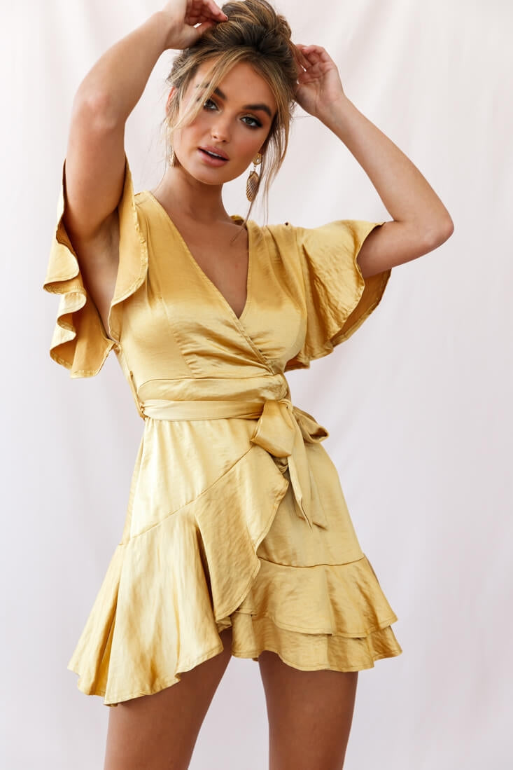 Cami Angel Sleeve Faux Wrap Dress Mustard by Selfie Leslie