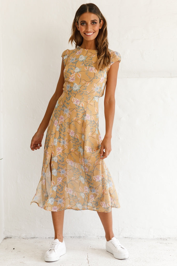Becky Cap Sleeve Crew Neck Midi Dress Floral Print Mustard by Selfie Leslie