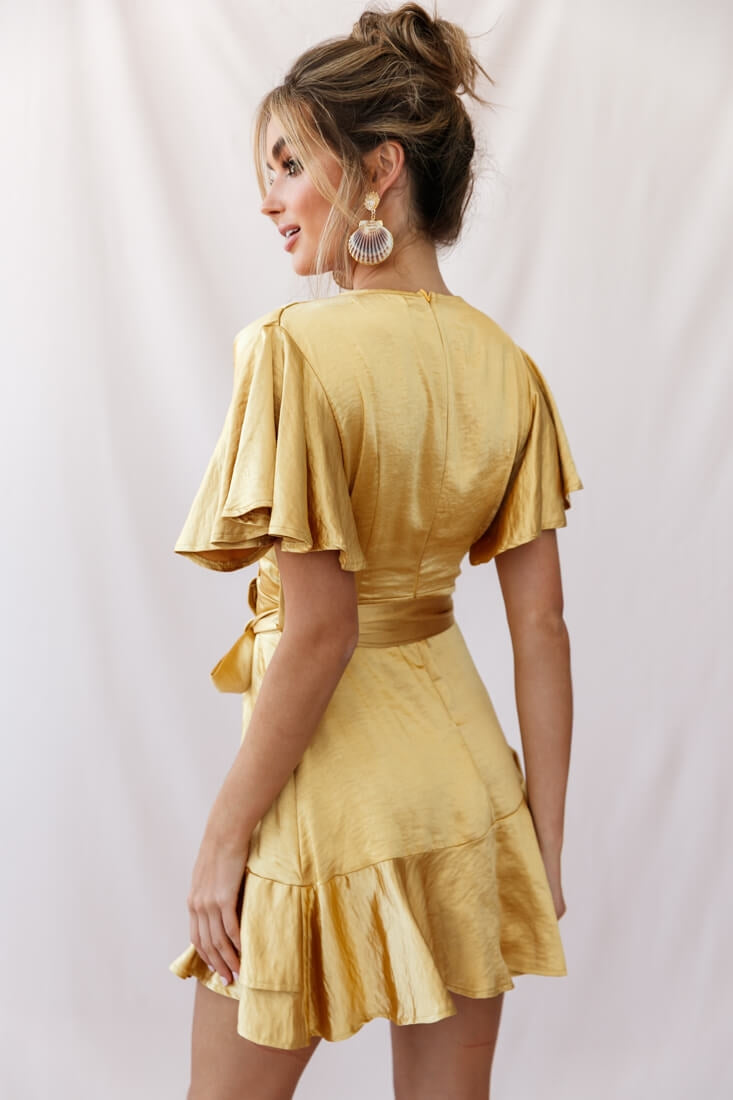 Cami Angel Sleeve Faux Wrap Dress Mustard by Selfie Leslie