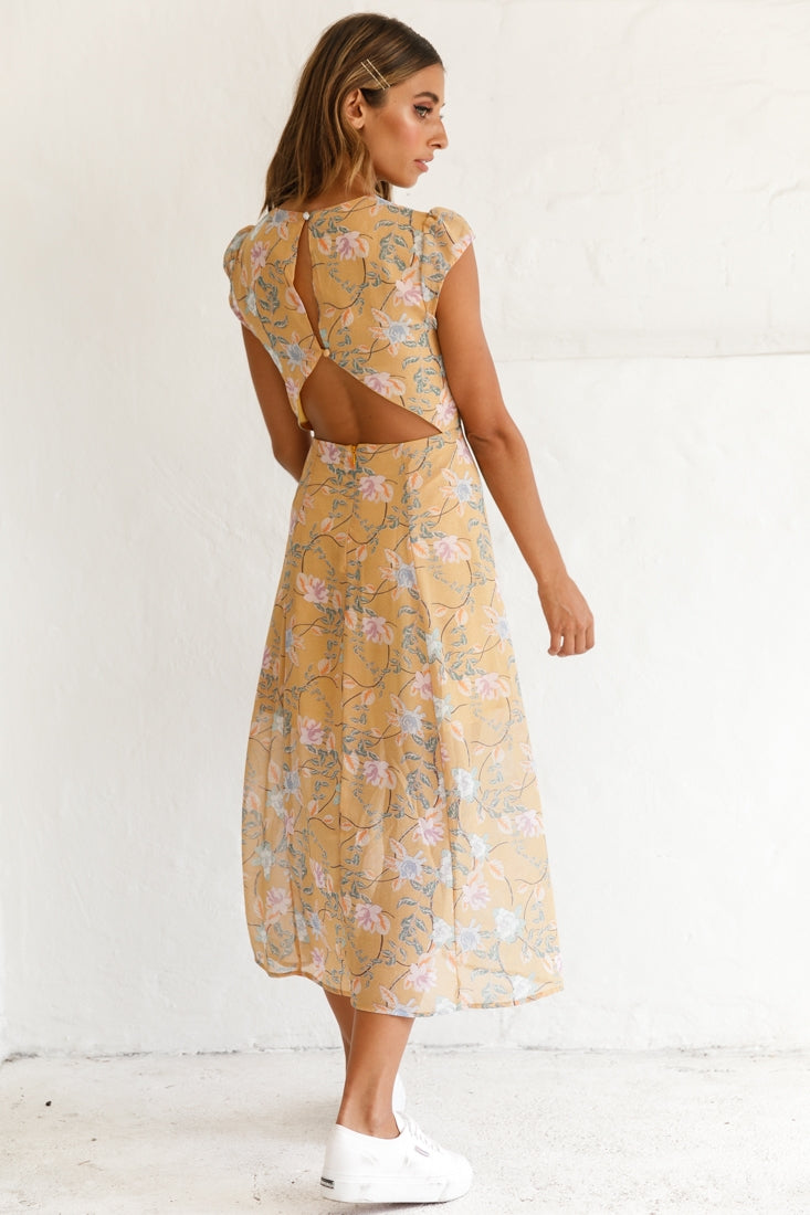 Becky Cap Sleeve Crew Neck Midi Dress Floral Print Mustard by Selfie Leslie
