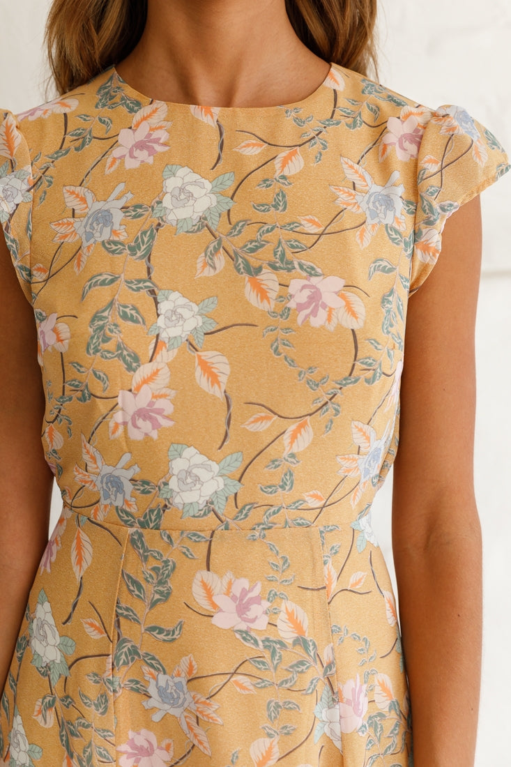 Becky Cap Sleeve Crew Neck Midi Dress Floral Print Mustard by Selfie Leslie