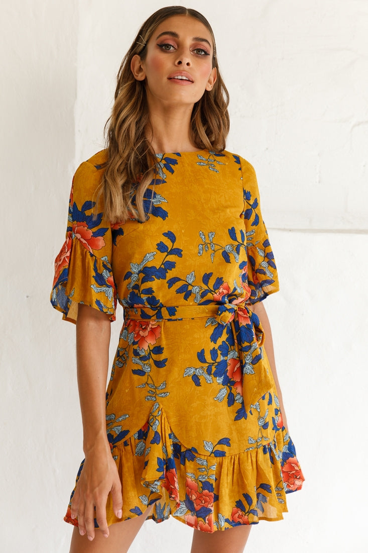 Azealia Floral Wrap Dress Mustard by Selfie Leslie