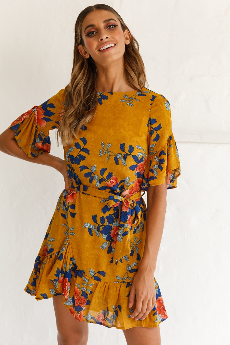 Azealia Floral Wrap Dress Mustard by Selfie Leslie