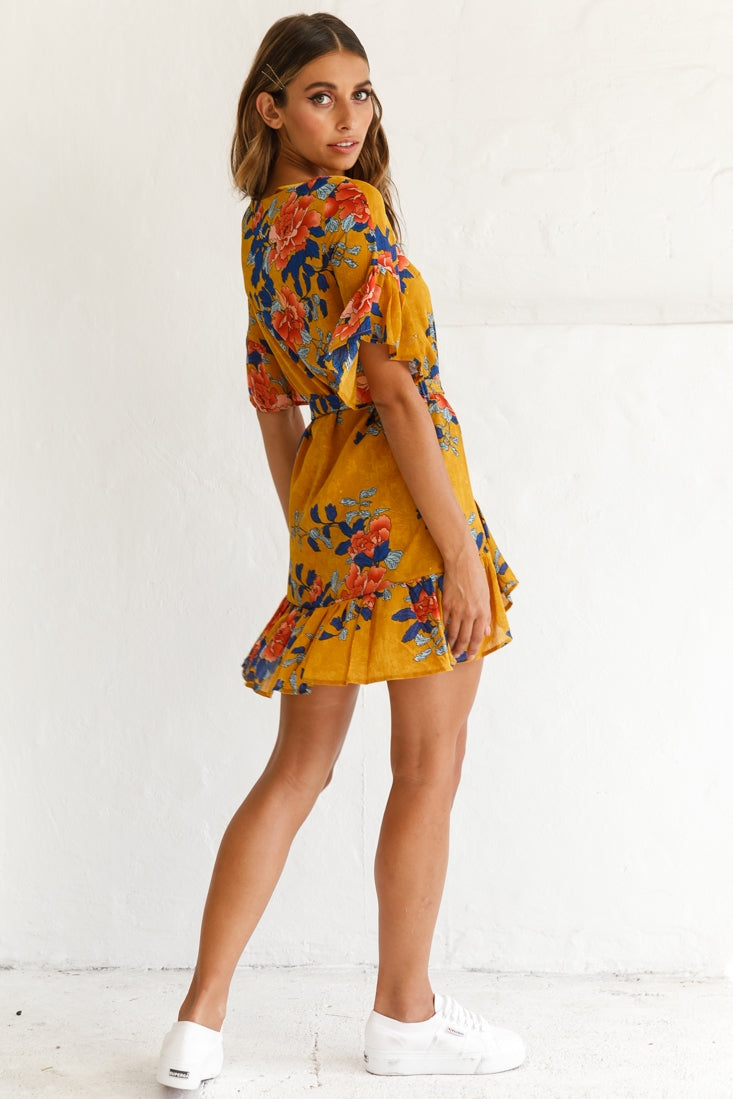 Azealia Floral Wrap Dress Mustard by Selfie Leslie