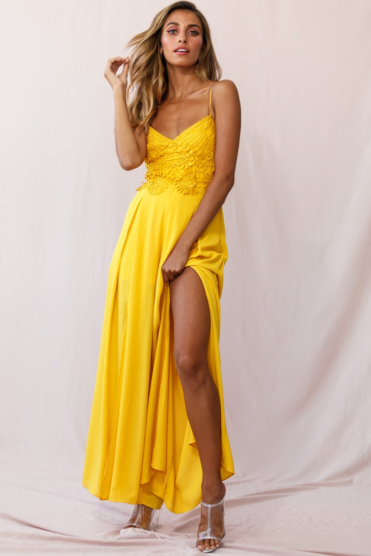 Ada Appliqué Embroidery Bust Wide Leg Jumpsuit Mustard by Selfie Leslie